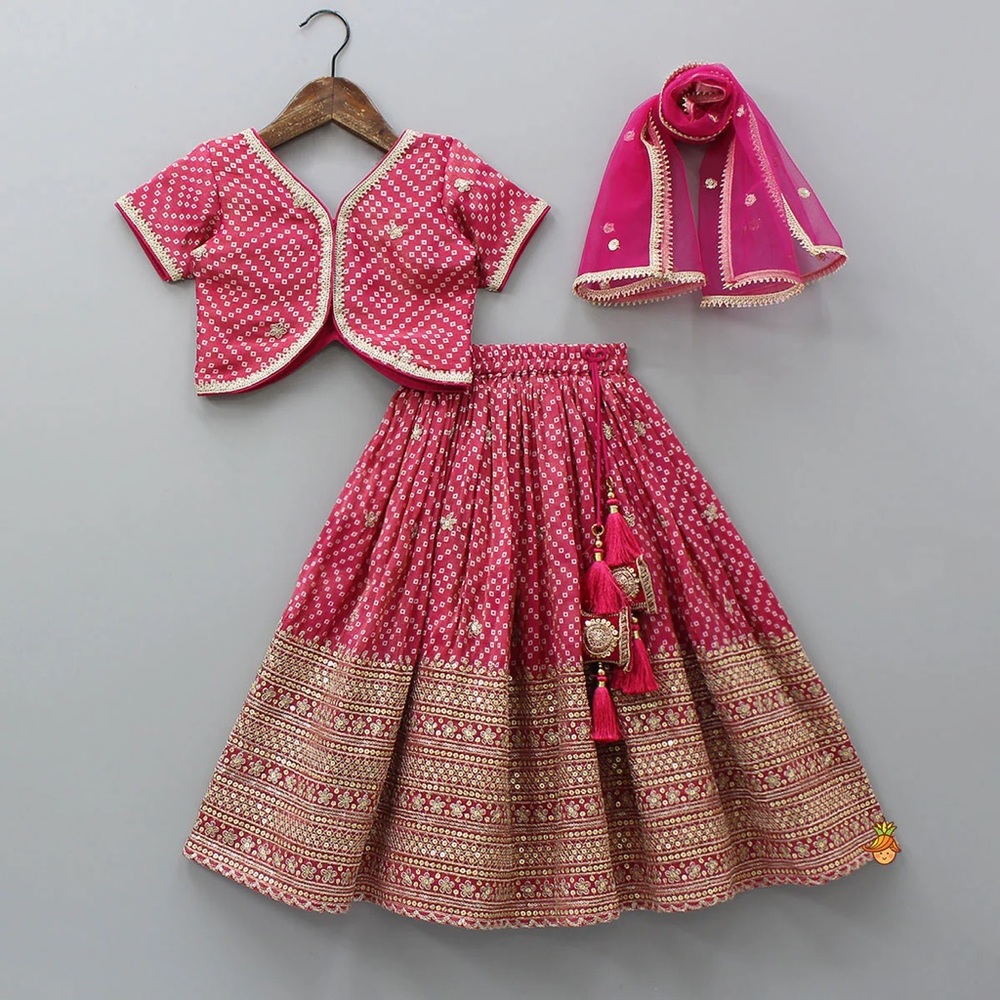 Girls Festive Pink Bandhani Lehenga Set with Gold Embellishment